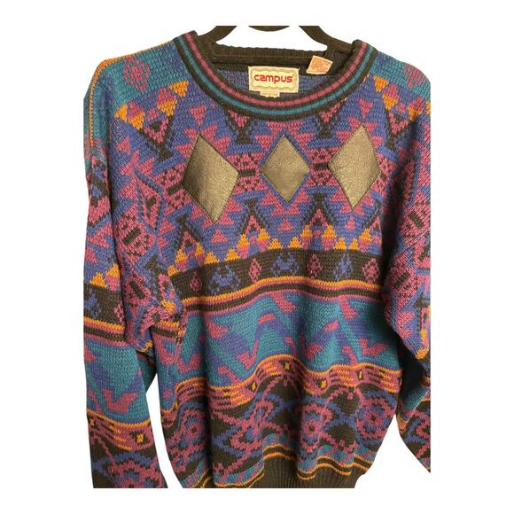 Vintage Campus Men's Diamond Geometric Leather Trim Sweater Size L Retro - Picture 10 of 13